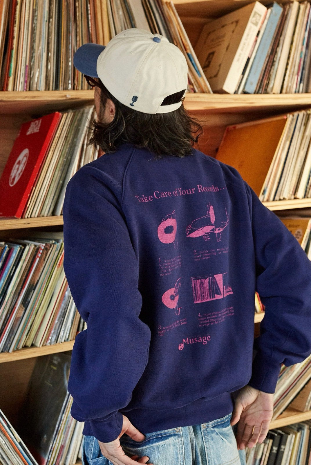 USAGE Heavyweight Raglan Graphic Sweatshirt in Navy Blue - On Model