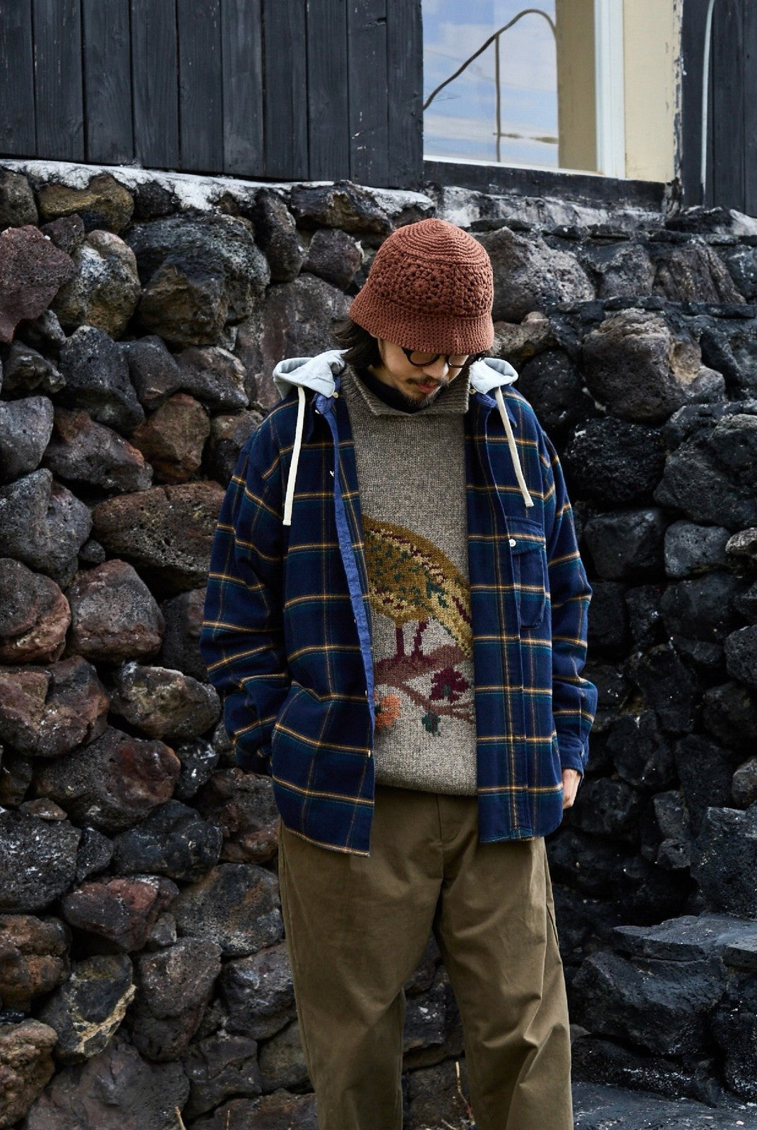 USAGE Detachable Hood Cotton Plaid Shirt in Navy Blue - On Male Model