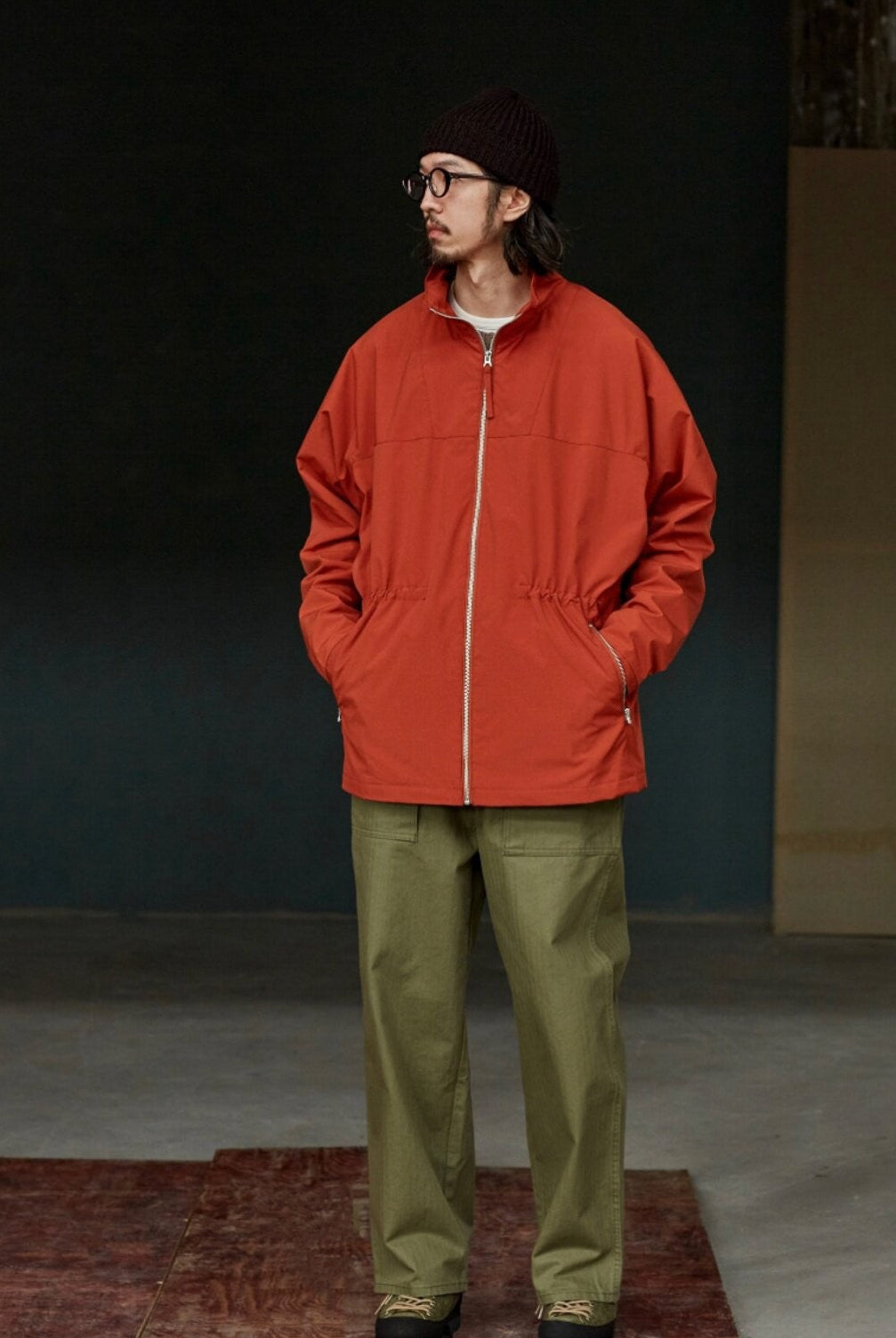USAGE Drawstring Zip Front Tech Anorak in Orange - On Male Model