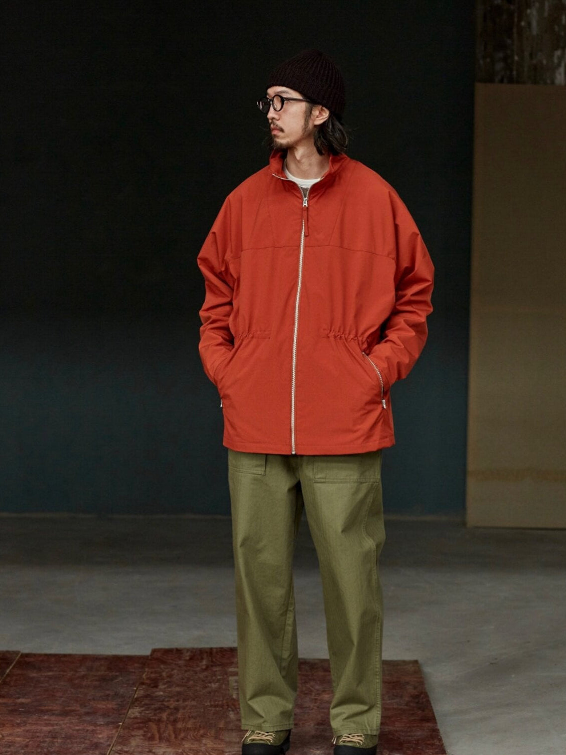 USAGE Drawstring Zip Front Tech Anorak in Orange - On Male Model