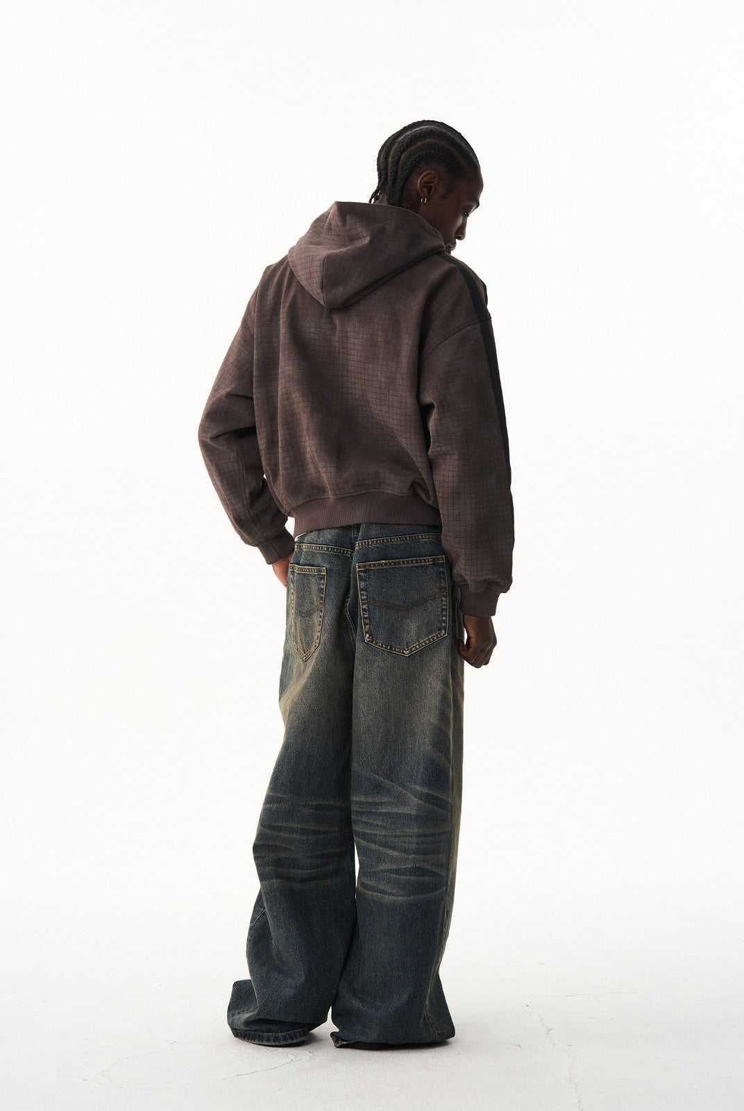 BLINDNOPLAN Distressed Embroidered Zip Up Hoodie in Brown - On Male Model