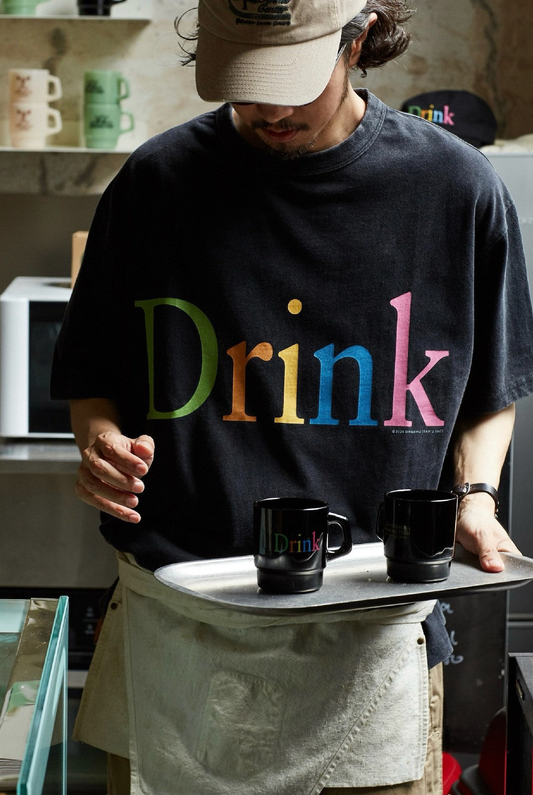 USAGE Faded Rainbow Logo T Shirt in Black - On Male Model