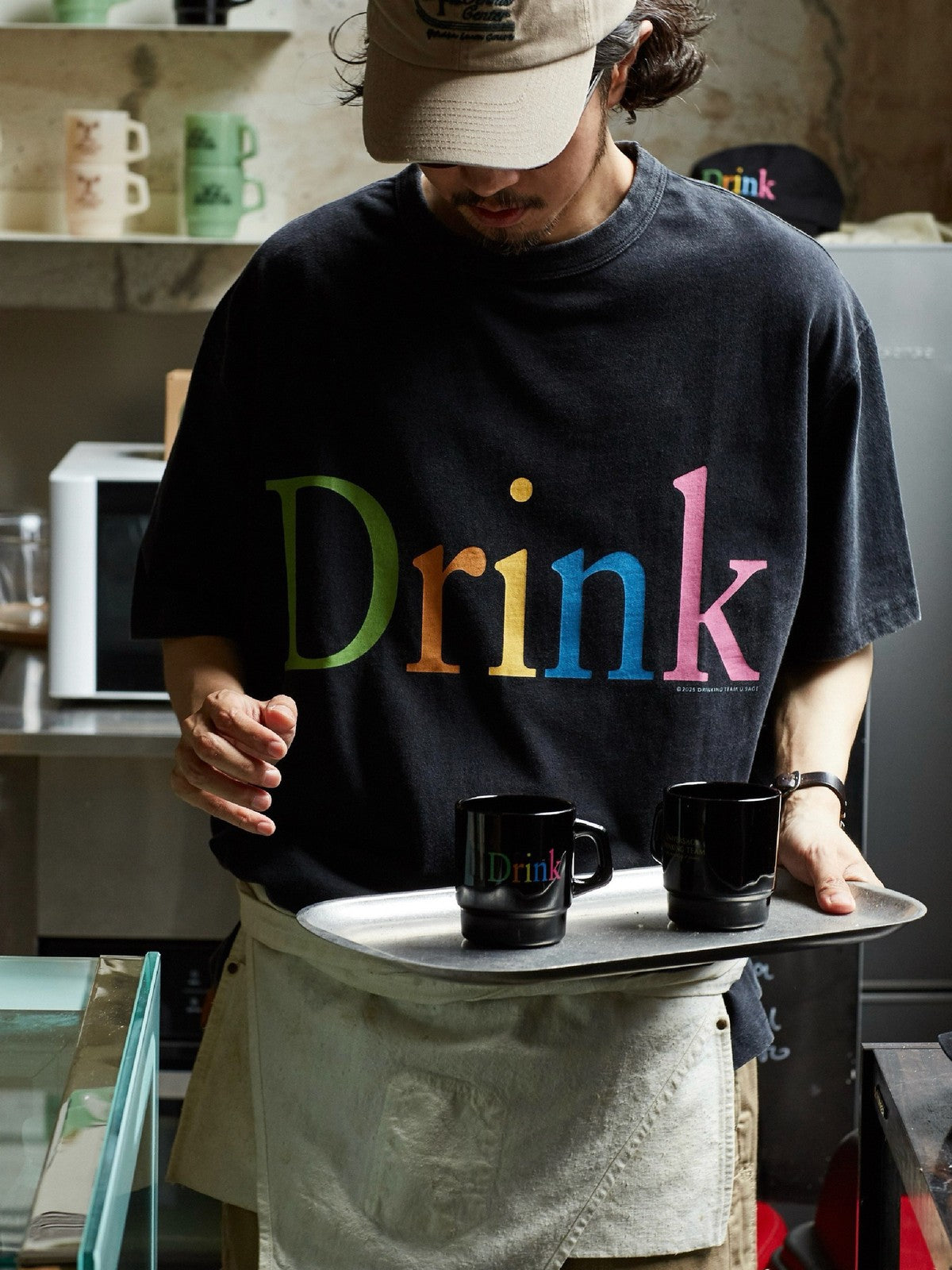 USAGE Faded Rainbow Logo T Shirt in Black - On Male Model
