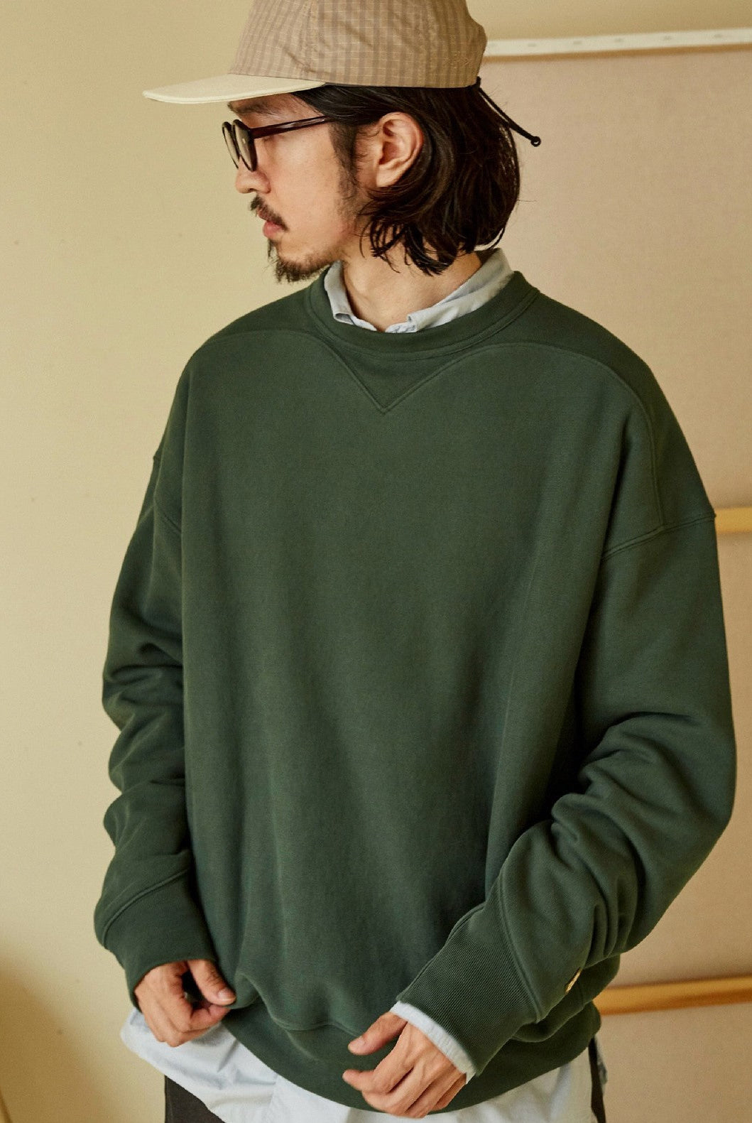 USAGE Reversible Cotton Crewneck Sweatshirt in Green - On Male Model