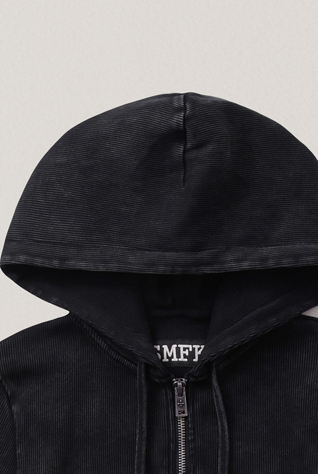 SMFK Washed Ribbed Zip Up Hoodie in Black - Detail