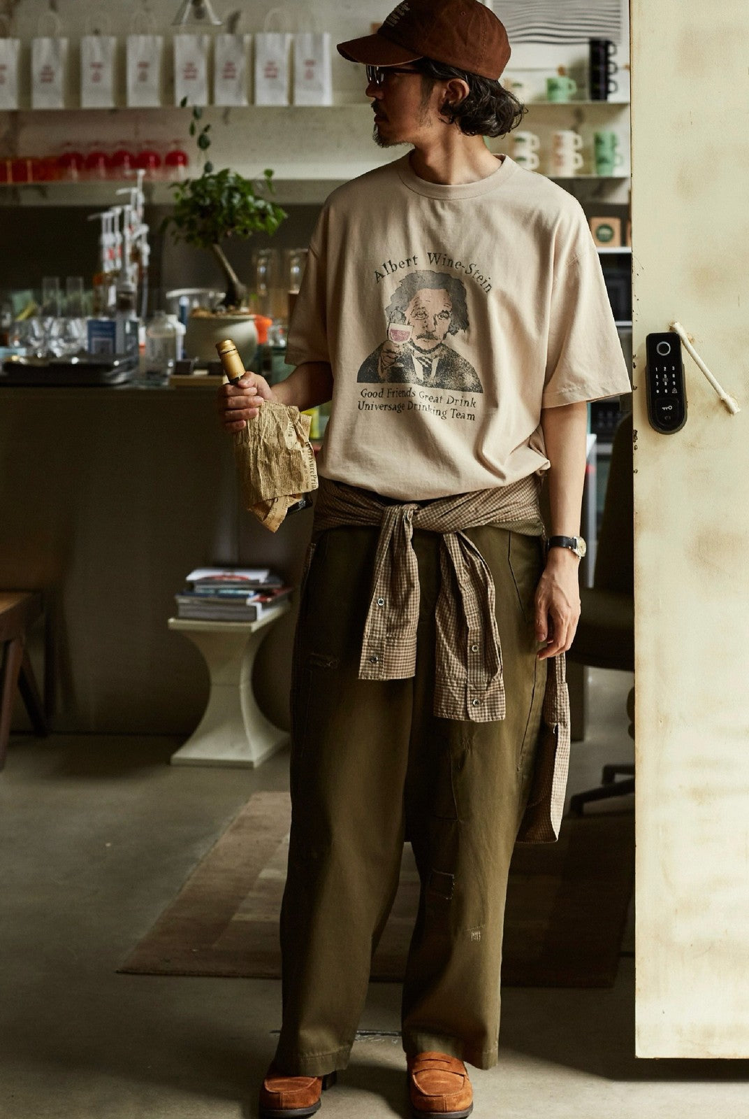 USAGE Vintage Wash Einstein Graphic T Shirt in Beige - On Male Model
