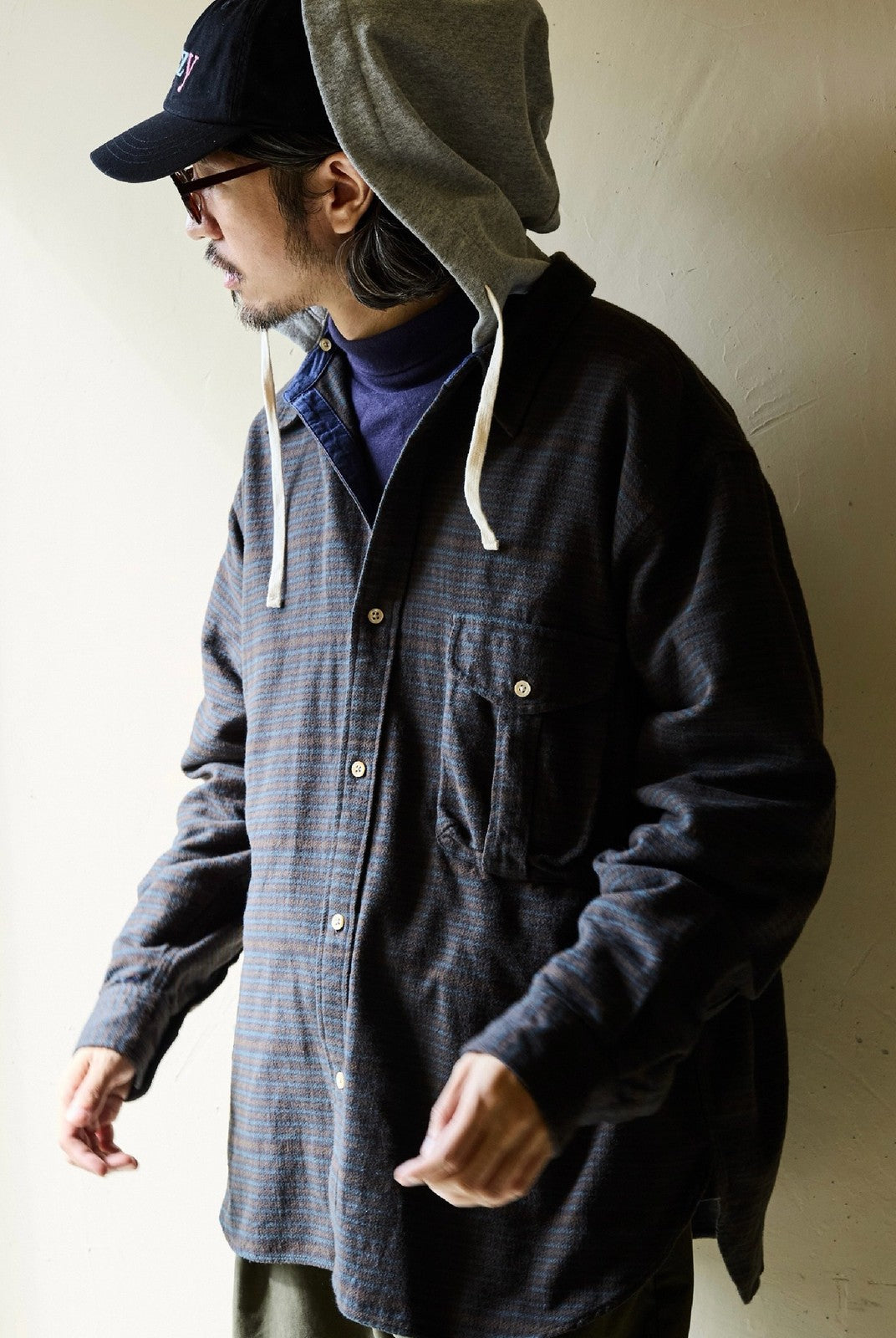USAGE Detachable Hood Cotton Plaid Shirt in Brown - On Male Model