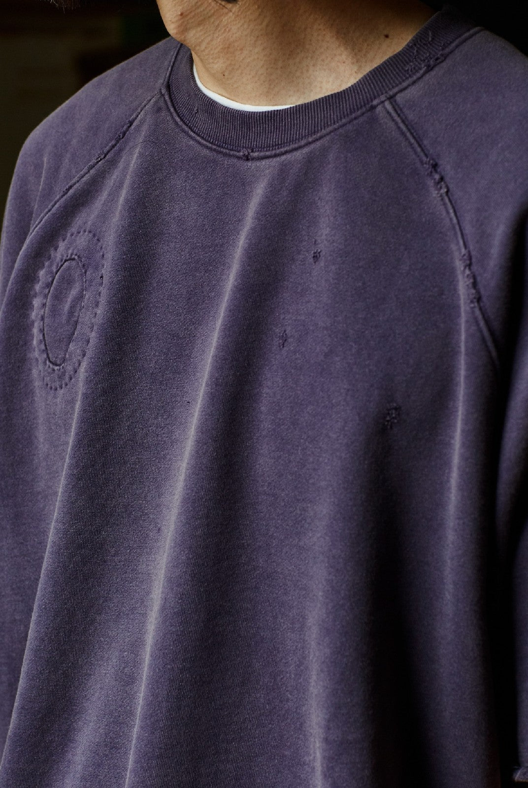 USAGE Vintage Wash Distressed Short Sleeve Sweatshirt in Purple - On Male Model