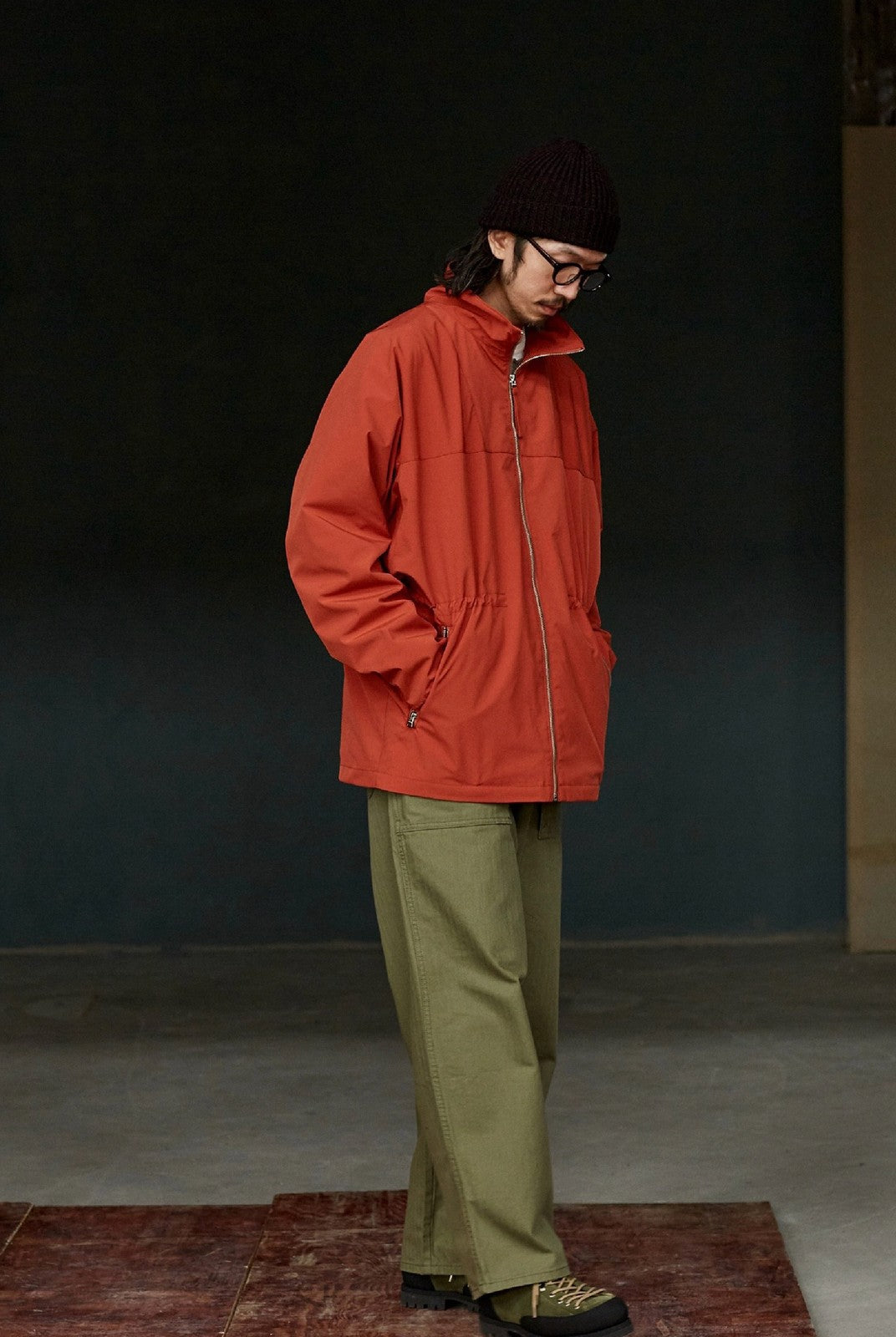 USAGE Drawstring Zip Front Tech Anorak in Orange - On Male Model