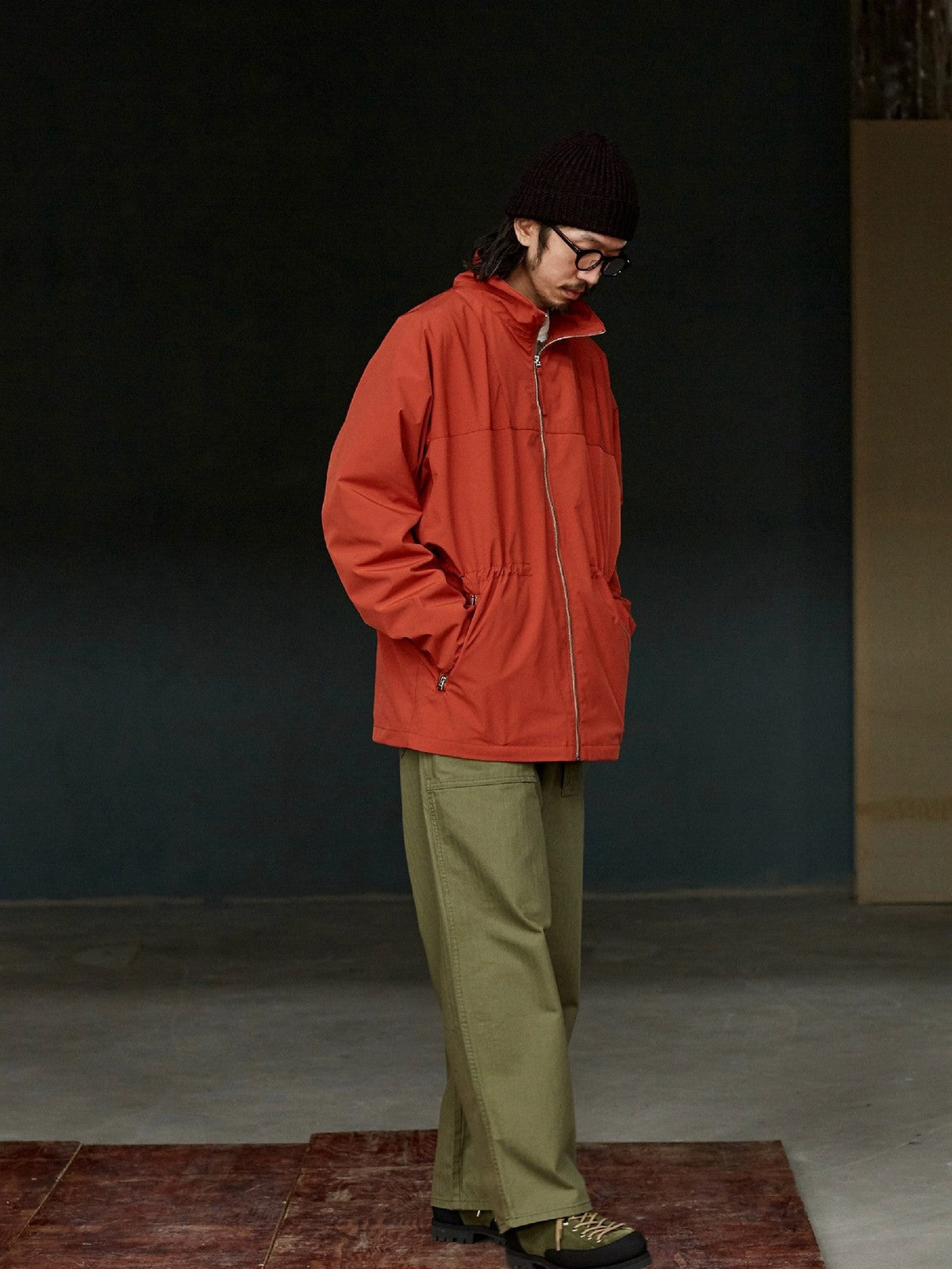 USAGE Drawstring Zip Front Tech Anorak in Orange - On Male Model