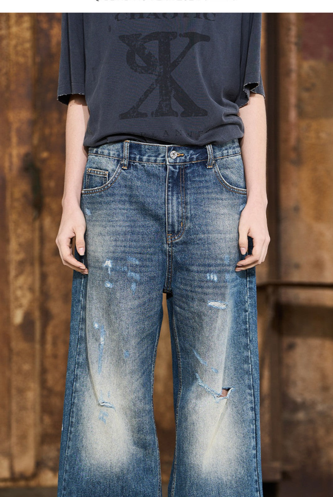 BLINDNOPLAN Distressed Dark Wash Straight Jeans in Blue - On Model