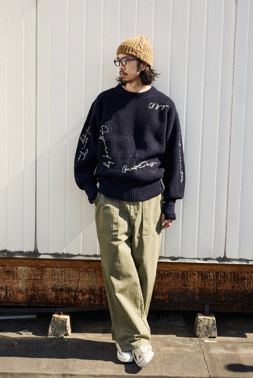 USAGE Heavyweight Herringbone Baker Pants in Olive - On Male Model