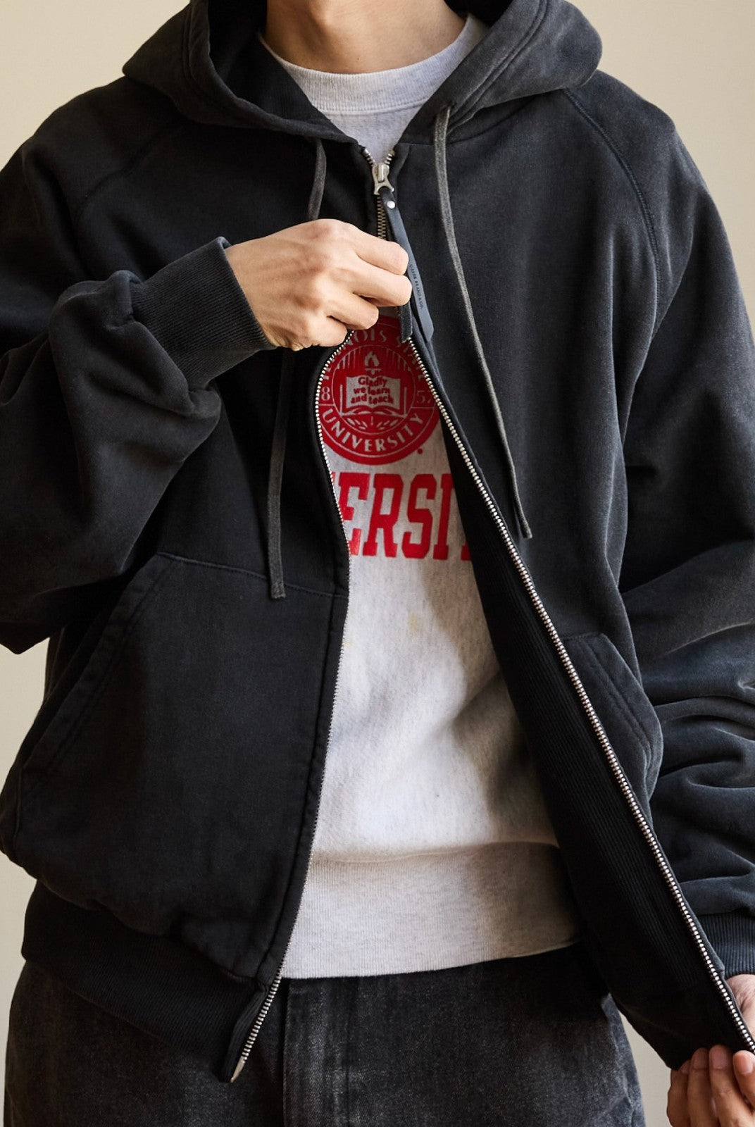 USAGE Vintage Washed Double Layer Zip Hoodie in Black - On Male Model