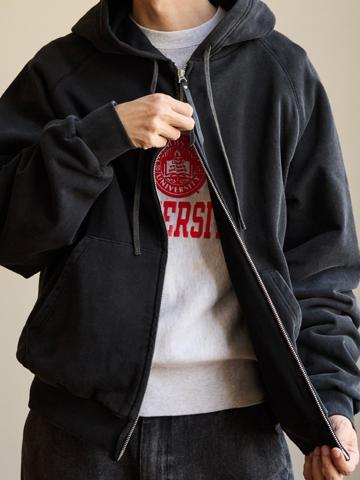 USAGE Vintage Washed Double Layer Zip Hoodie in Black - On Male Model