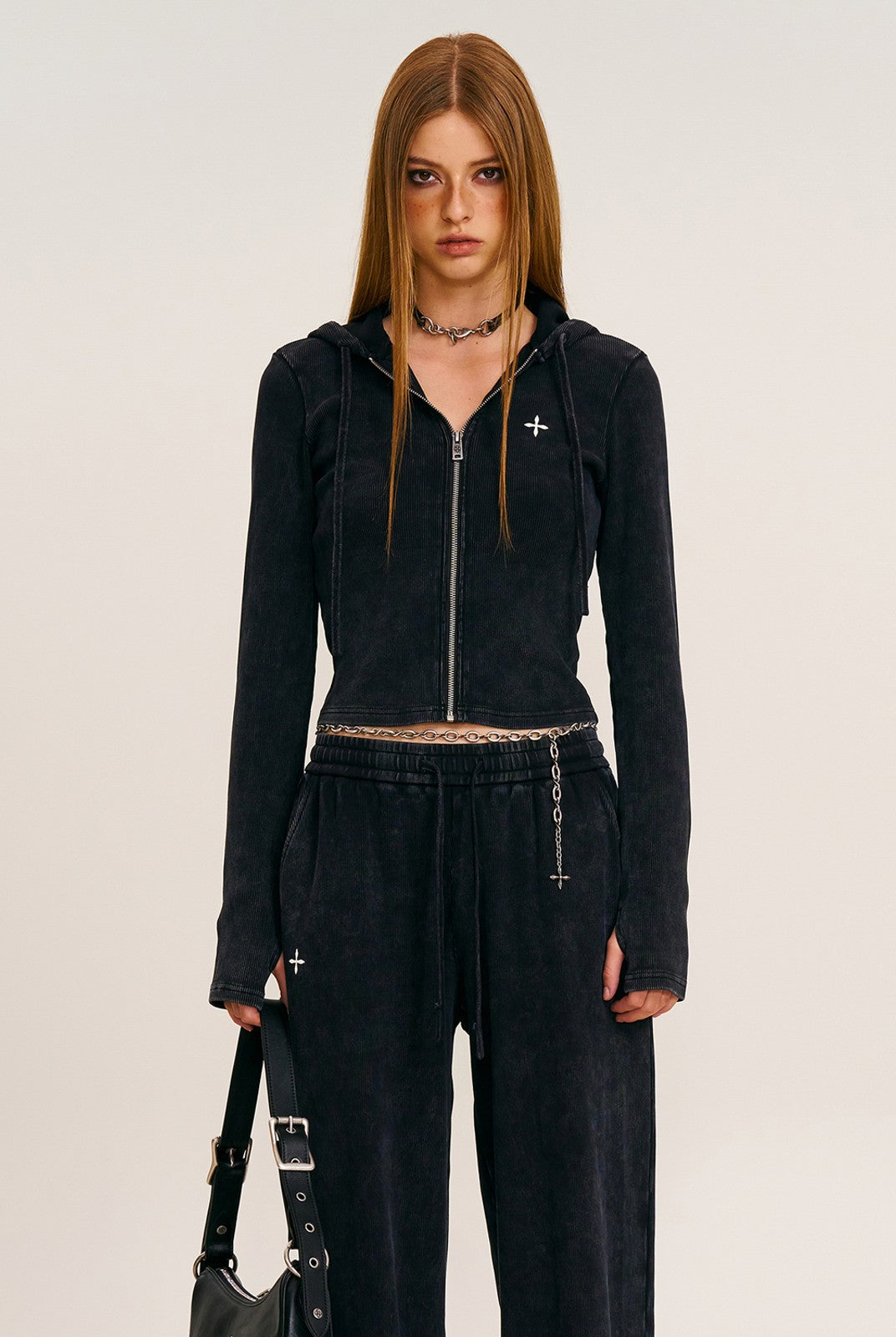 SMFK Washed Ribbed Zip Up Hoodie in Black - On Female Model