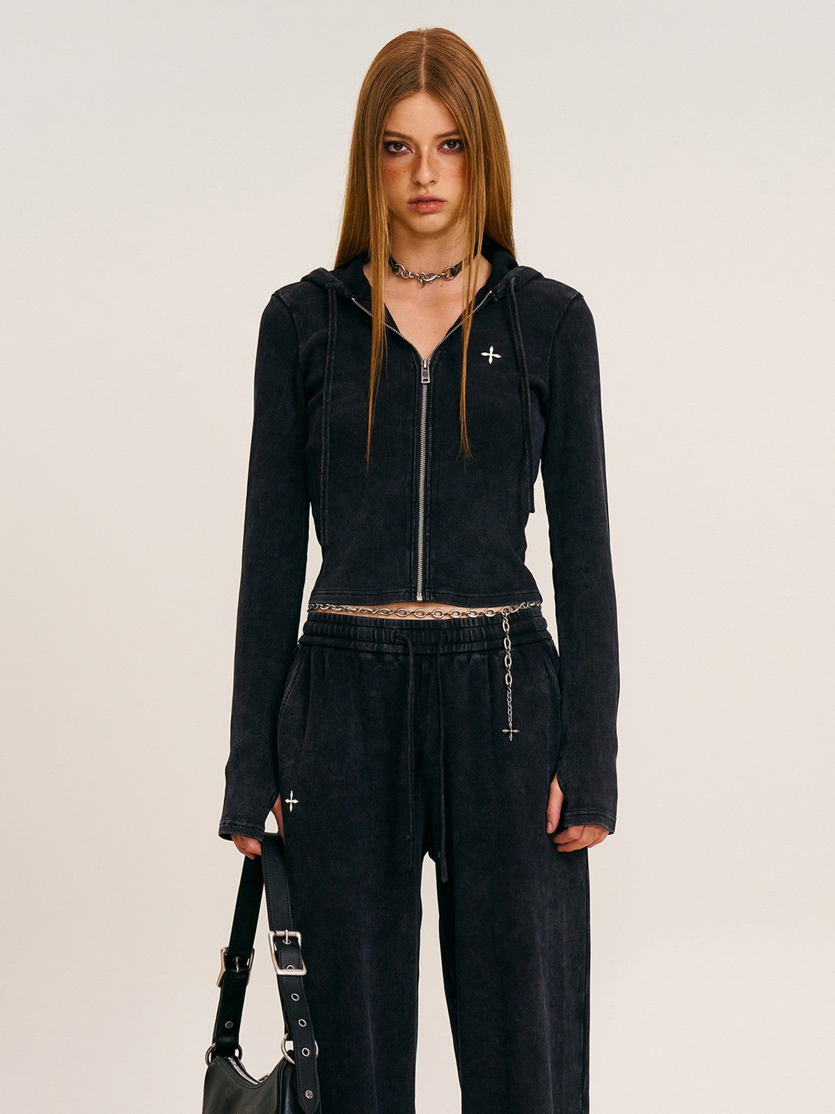 SMFK Washed Ribbed Zip Up Hoodie in Black - On Female Model