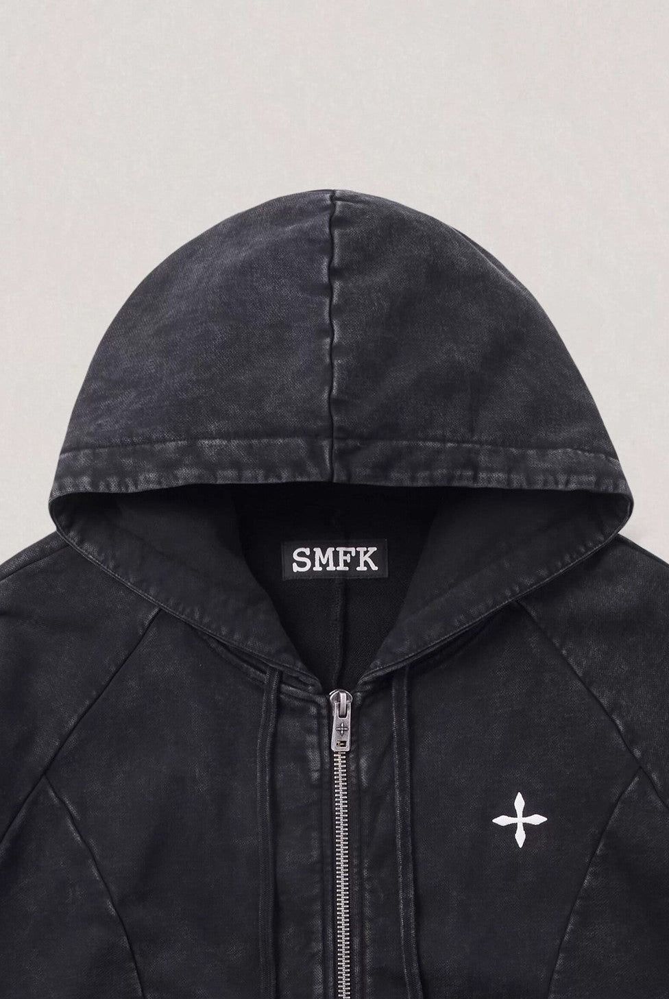 SMFK Washed Cotton Zip Up Hoodie in Gray - Detail