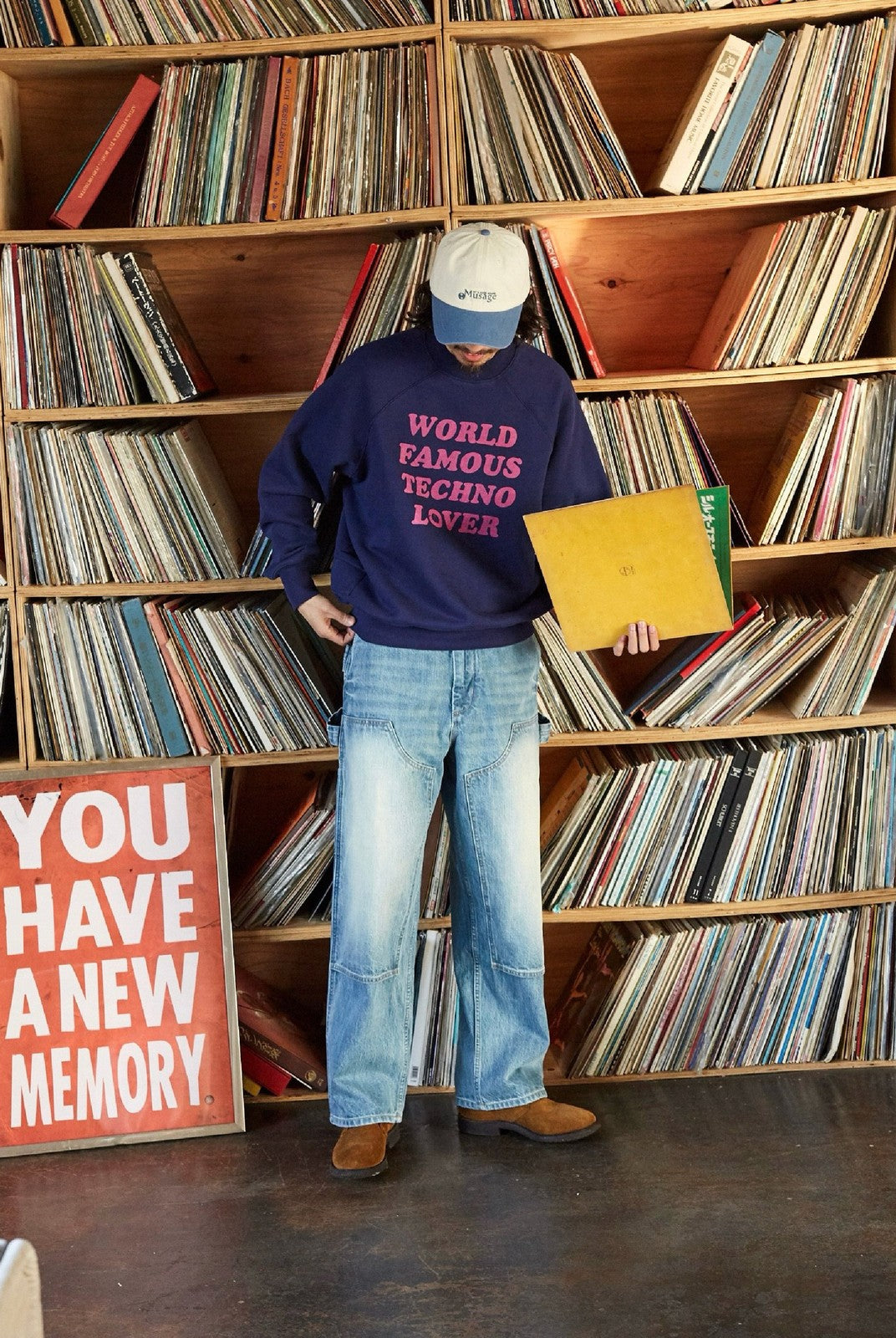 USAGE Heavyweight Raglan Graphic Sweatshirt in Navy Blue - On Male Model