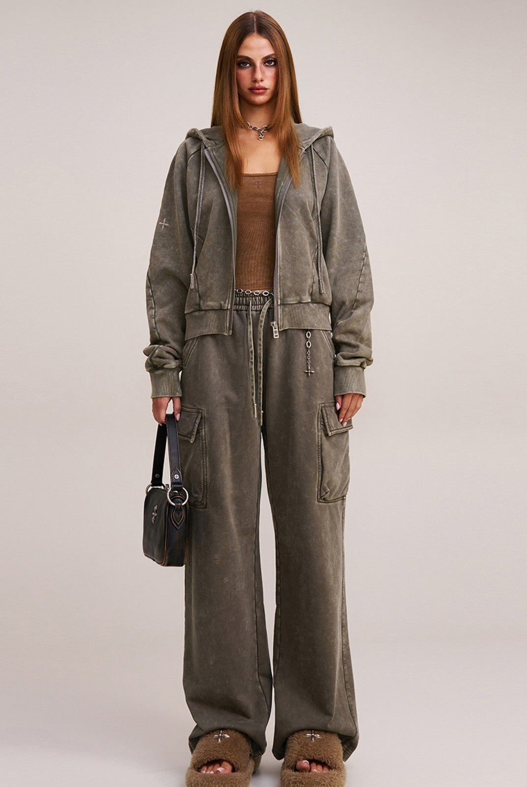 SMFK Garment Dyed Cotton Zip Up Hoodie in Gray - On Female Model