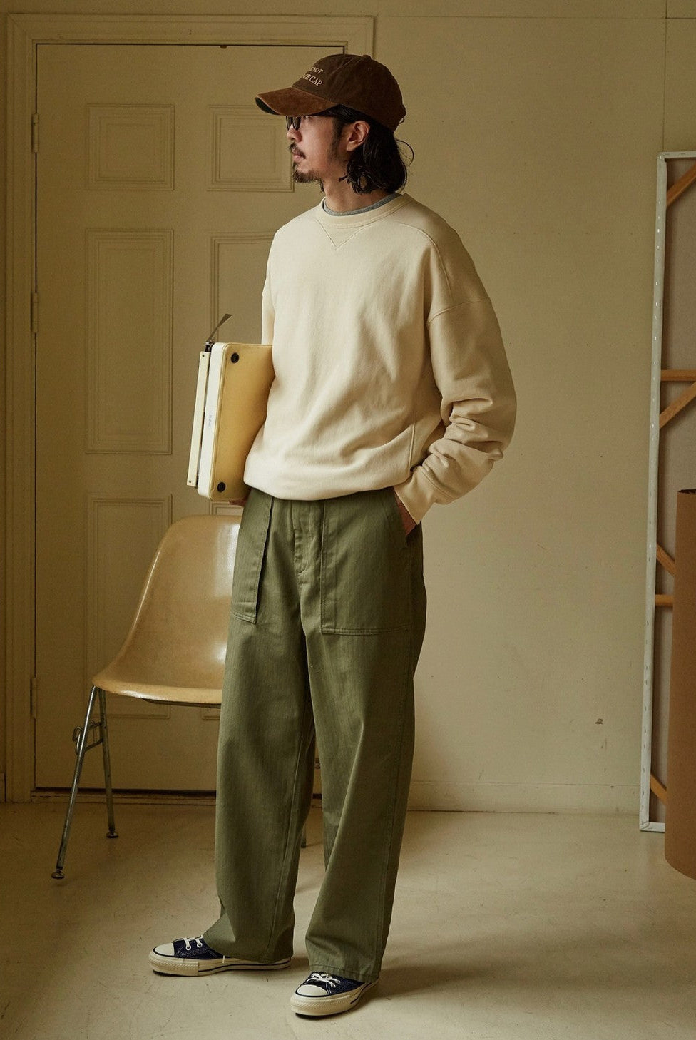 USAGE Reversible Cotton Crewneck Sweatshirt in Cream - On Male Model