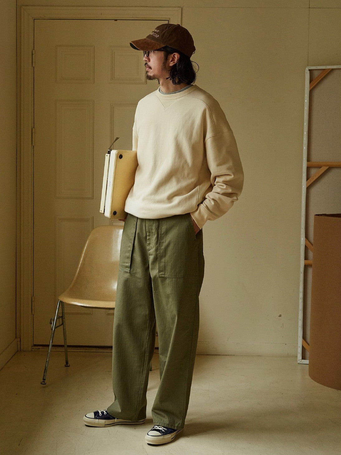 USAGE Reversible Cotton Crewneck Sweatshirt in Cream - On Male Model