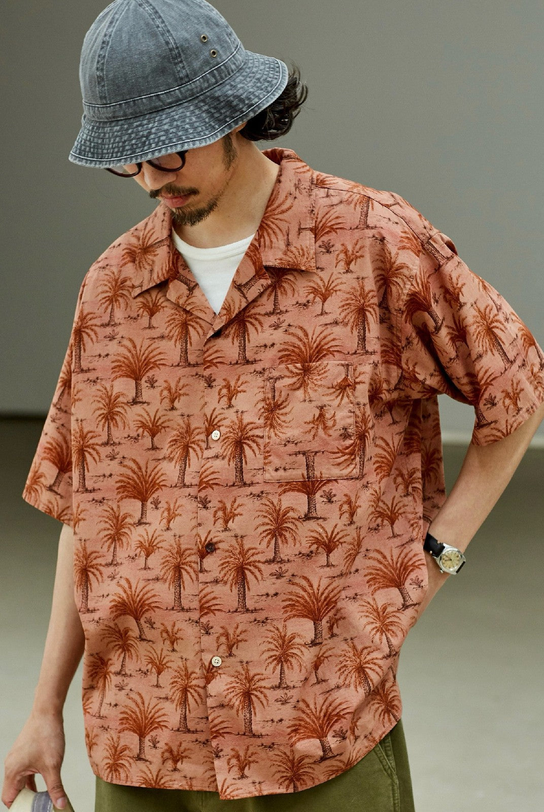 USAGE Floral Japanese Cotton Aloha Shirt in Pink - On Male Model