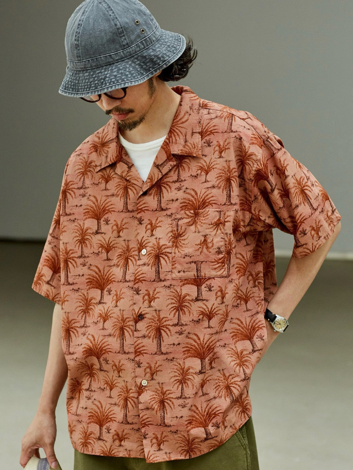 USAGE Floral Japanese Cotton Aloha Shirt in Pink - On Male Model