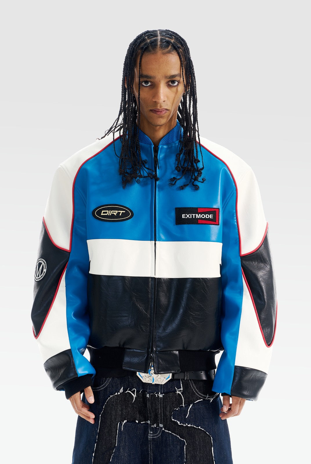 BLINDNOPLAN Color Block Faux Leather Padded Jacket in Blue - On Male Model
