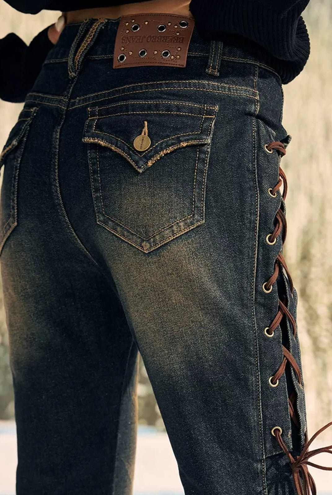 BeerBro Side Lace Up Low Rise Flare Jeans in Blue - On Model