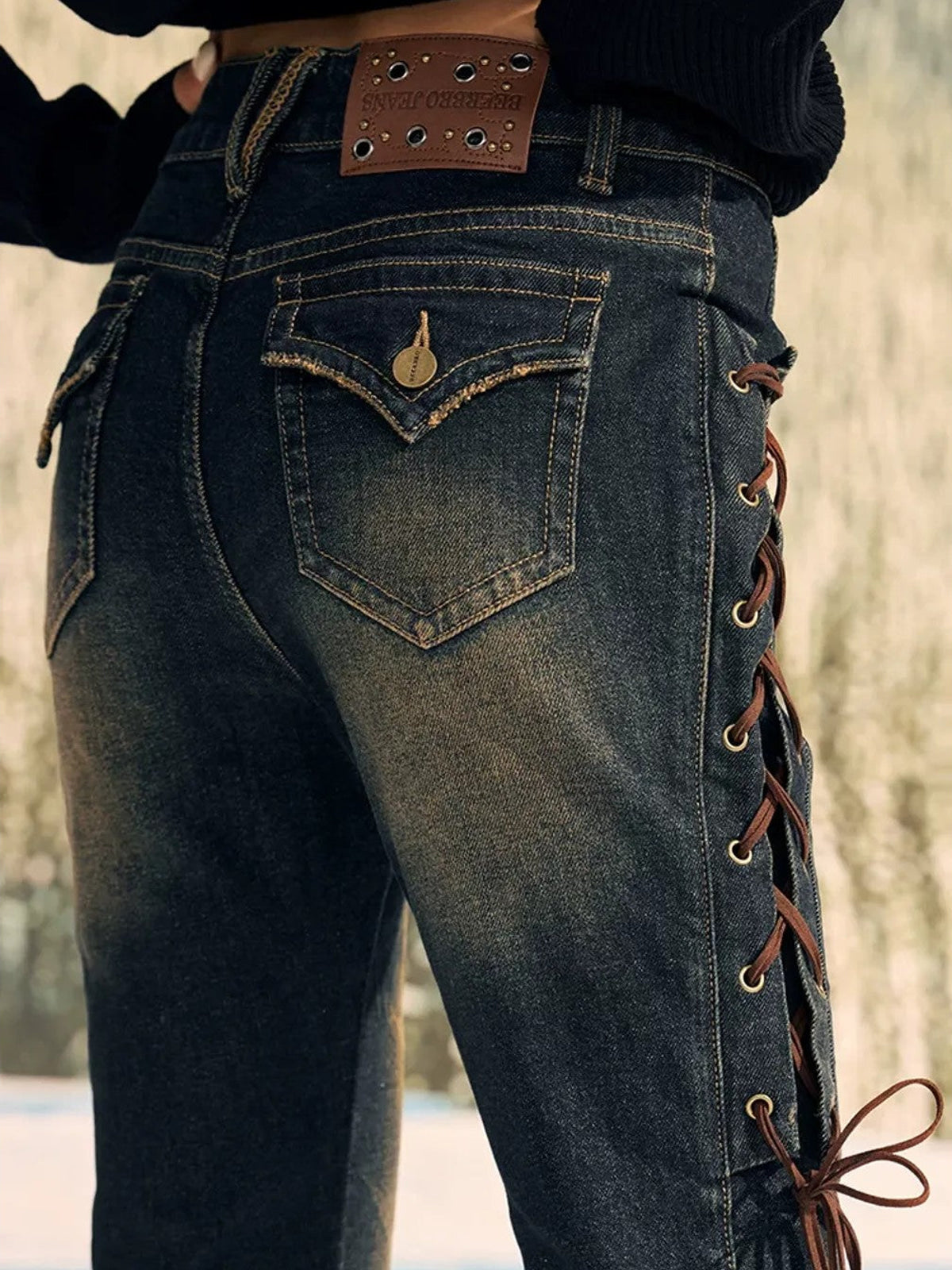 BeerBro Side Lace Up Low Rise Flare Jeans in Blue - On Model