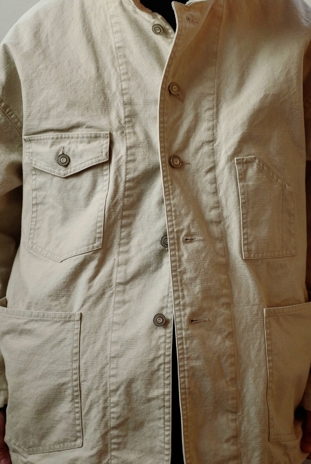 USAGE Washed Heavyweight Cotton Chore Jacket in Beige - On Male Model