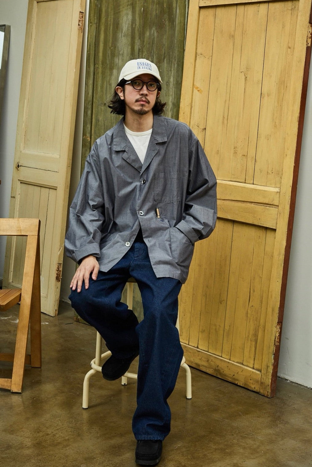USAGE Cotton Workwear Shirt Jacket in Gray - On Male Model
