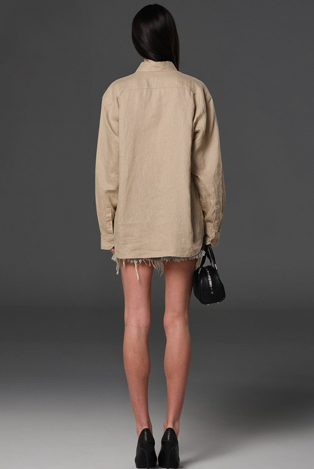 SMFK Long Sleeve Linen Button Down in Beige - On Female Model