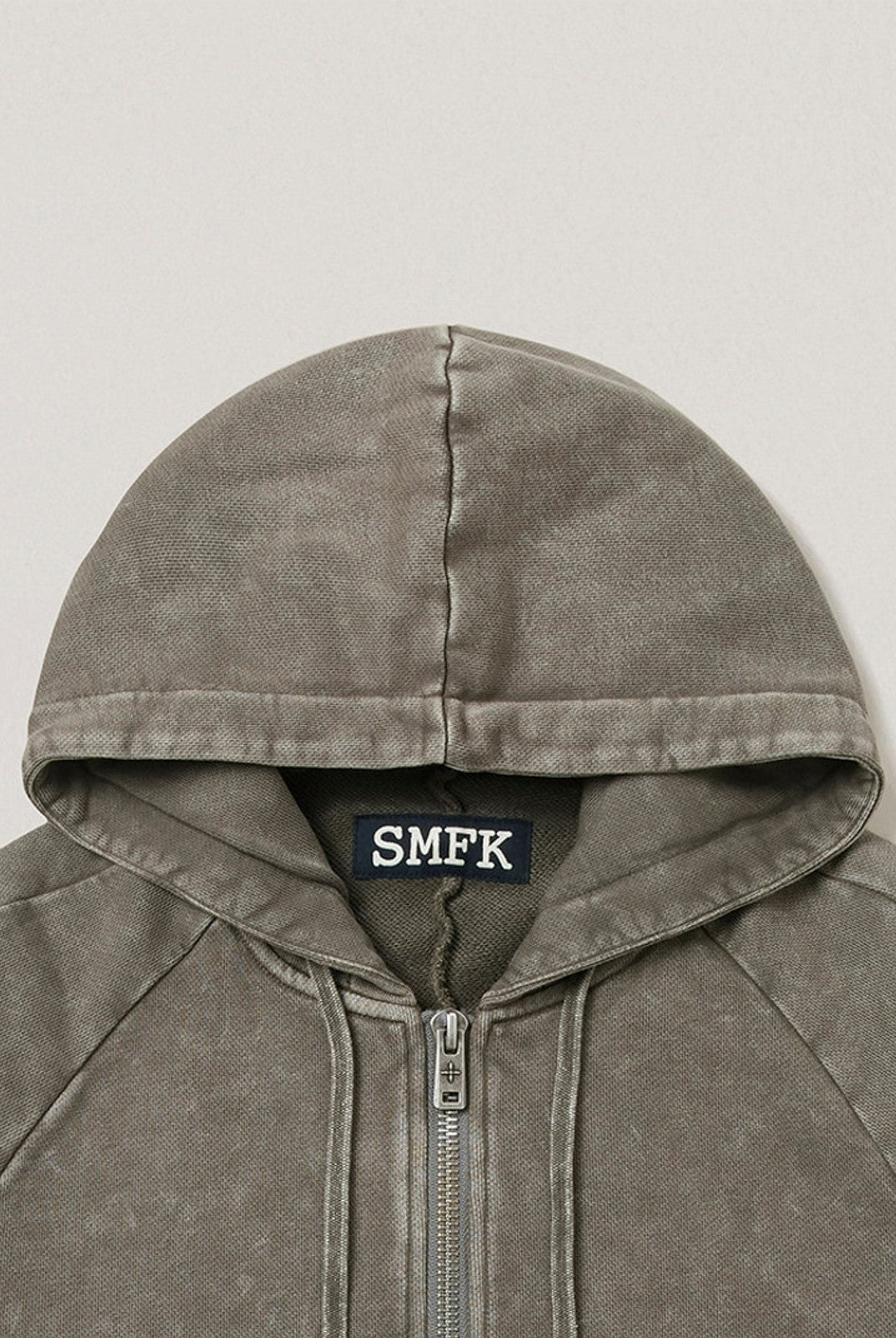 SMFK Garment Dyed Cotton Zip Up Hoodie in Gray - Detail