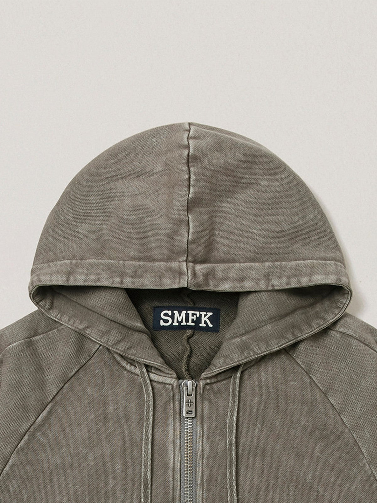 SMFK Garment Dyed Cotton Zip Up Hoodie in Gray - Detail
