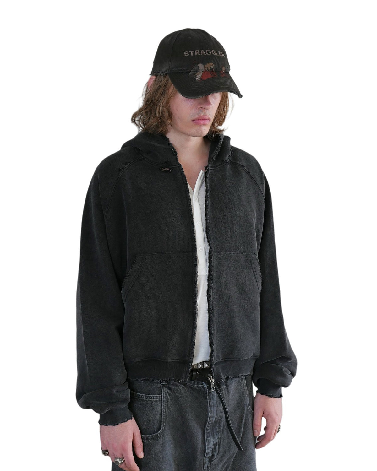 UNKNOWNWORLD Distressed Washed Zip Up Hoodie in Black - On Male Model