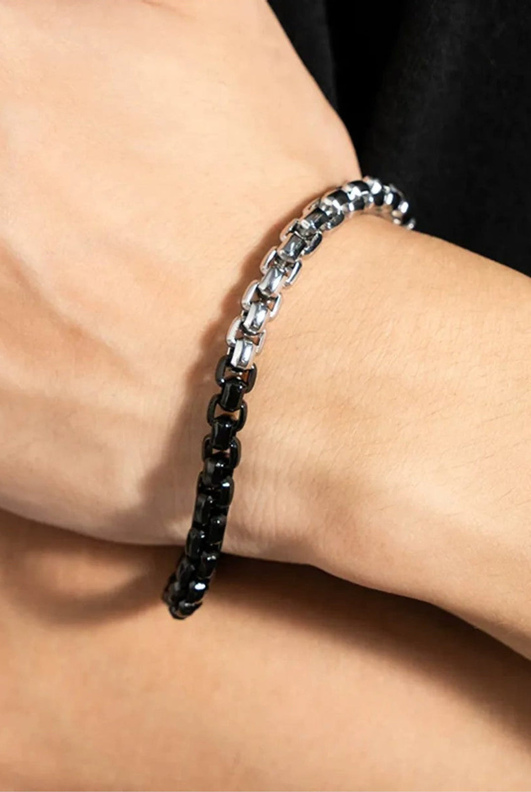 BLACKHEAD Two Tone Steel Box Chain Bracelet in Black - On Male Model