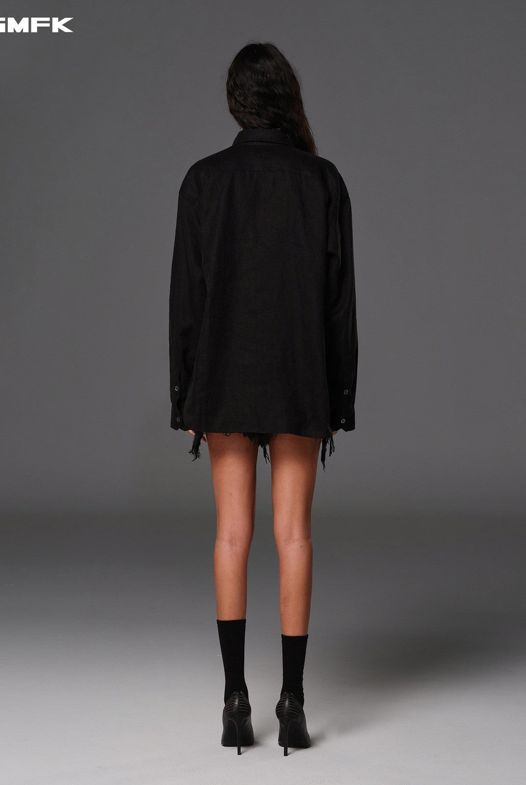 SMFK Long Sleeve Linen Button Down in Black - On Model