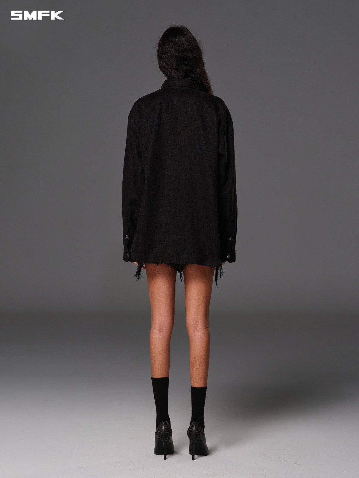 SMFK Long Sleeve Linen Button Down in Black - On Model