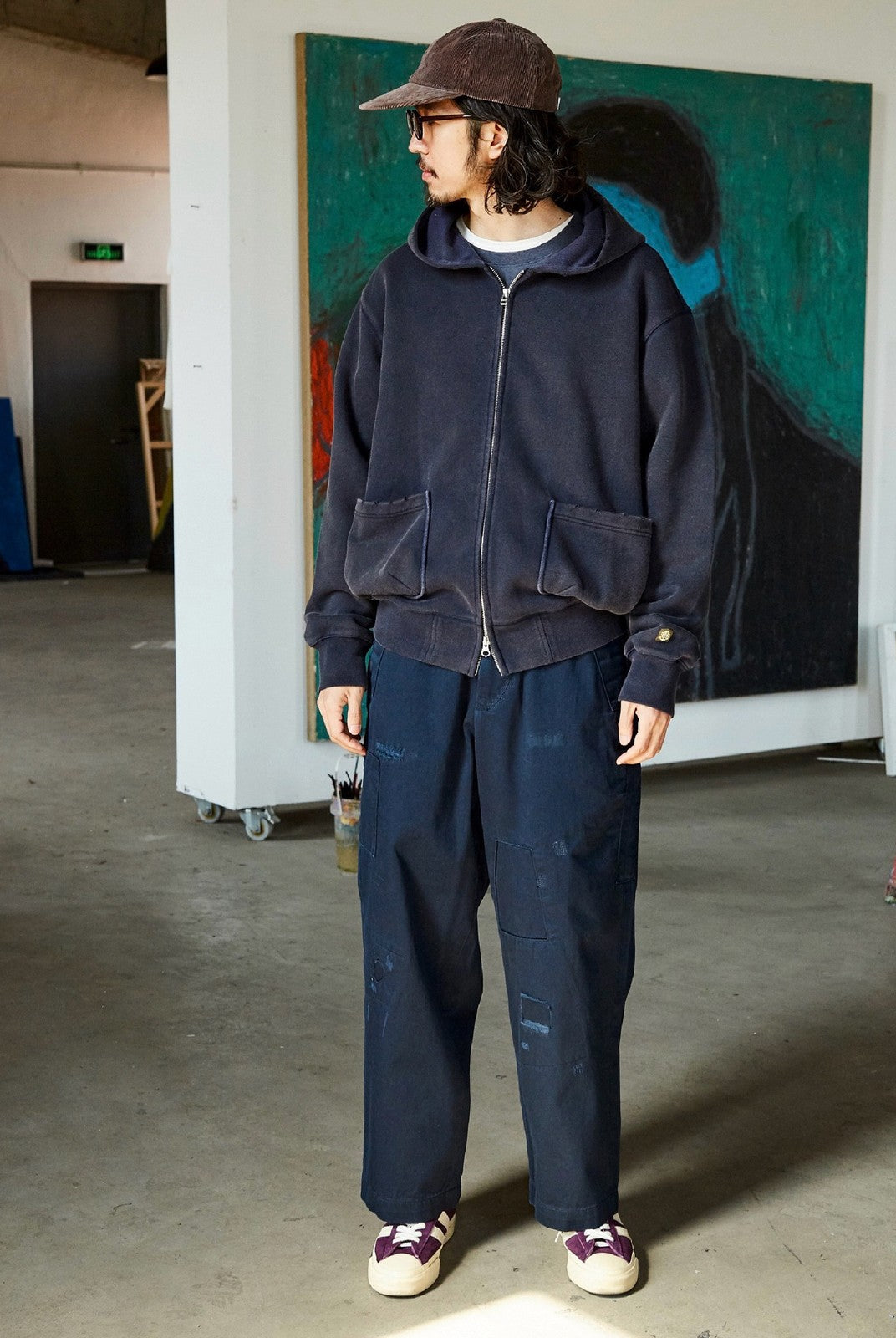 USAGE Hand Distressed Patched Chinos in Navy Blue - On Male Model