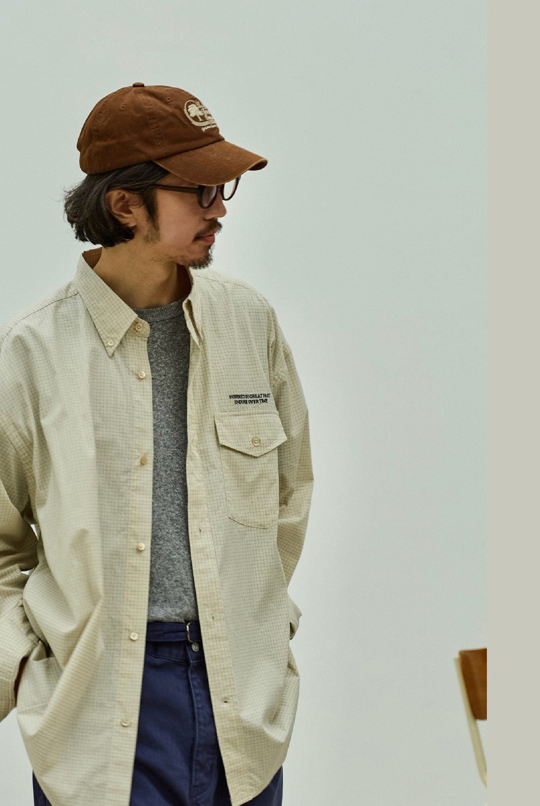 USAGE Oversized Micro Check Button Down Shirt in Cream - On Male Model