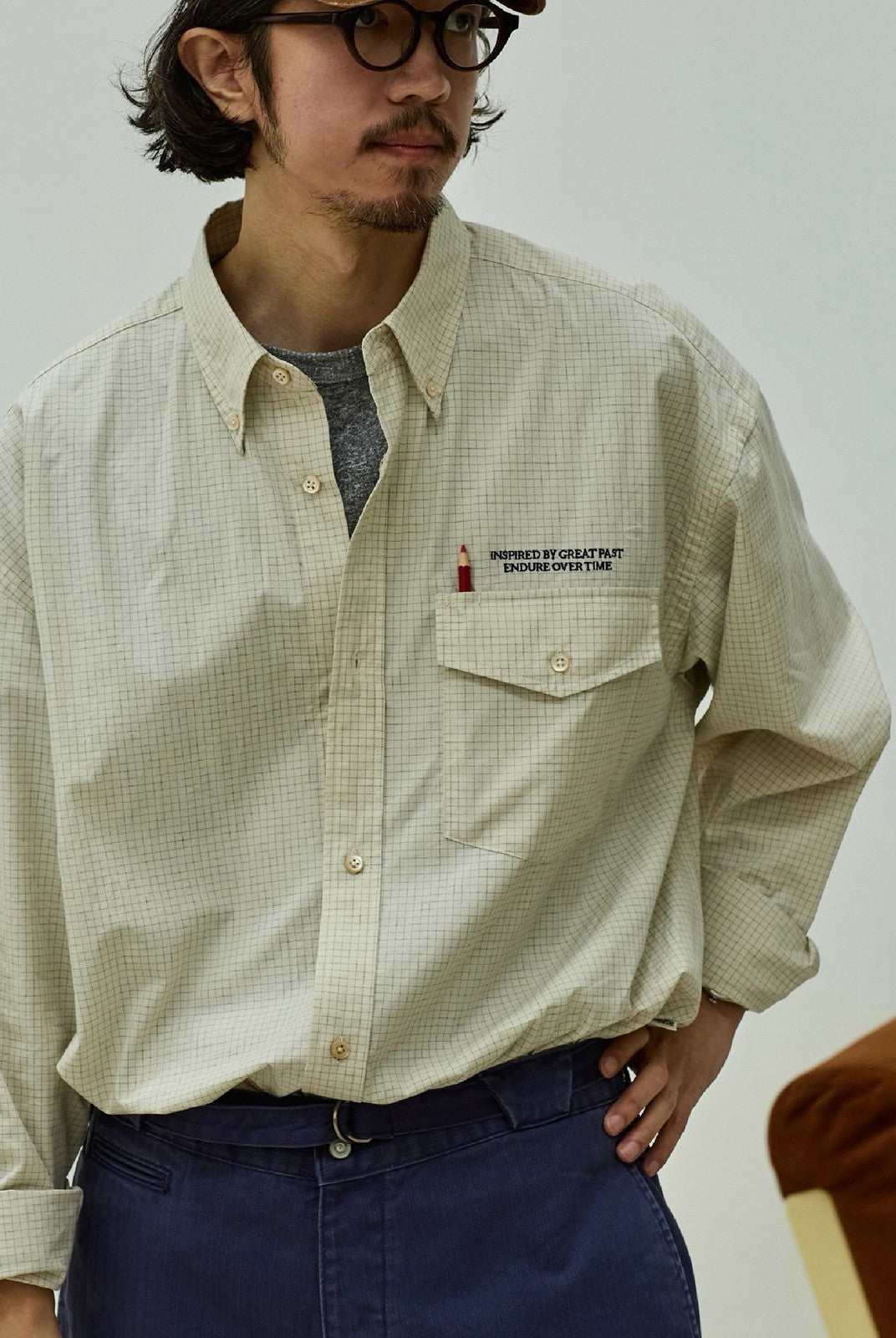 USAGE Oversized Micro Check Button Down Shirt in Cream - On Male Model