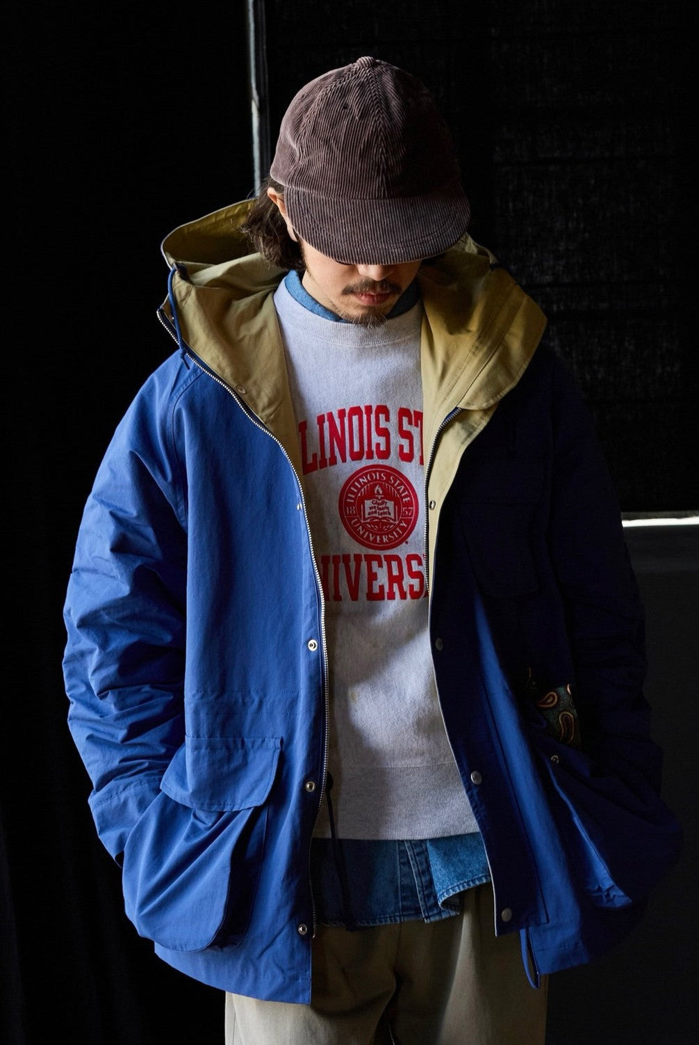 USAGE Cotton Nylon Hooded Mountain Parka in Blue - On Male Model