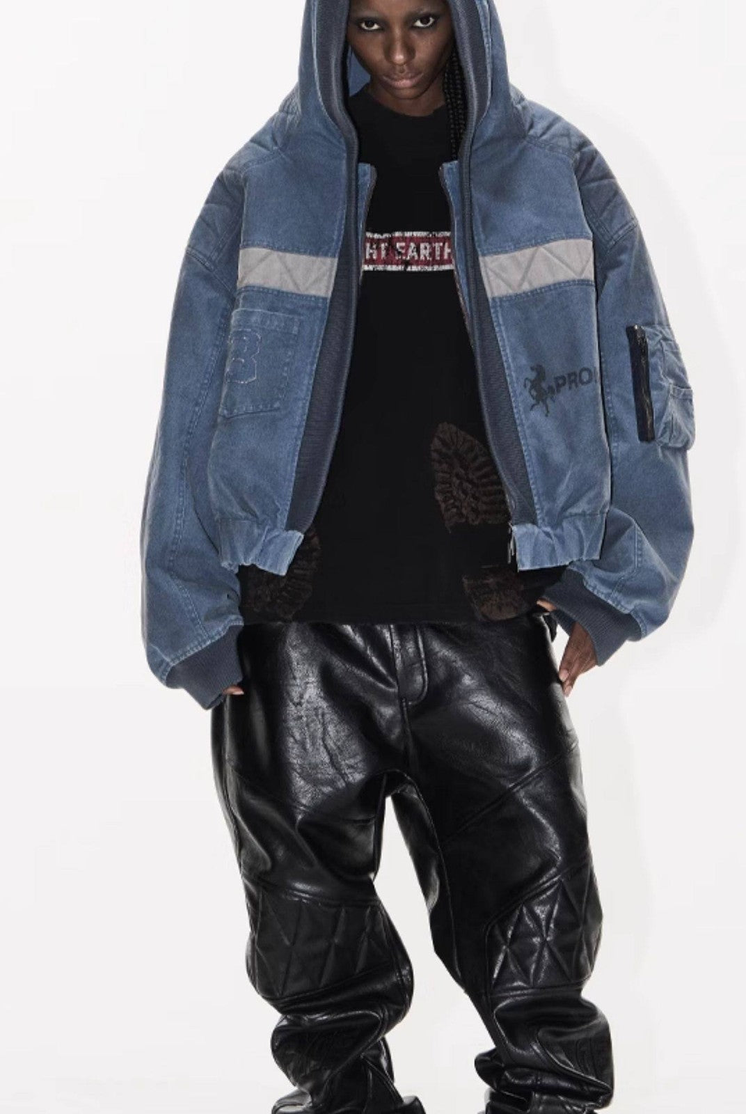 BLINDNOPLAN Distressed Hooded MA 1 Bomber Jacket in Blue - On Female Model
