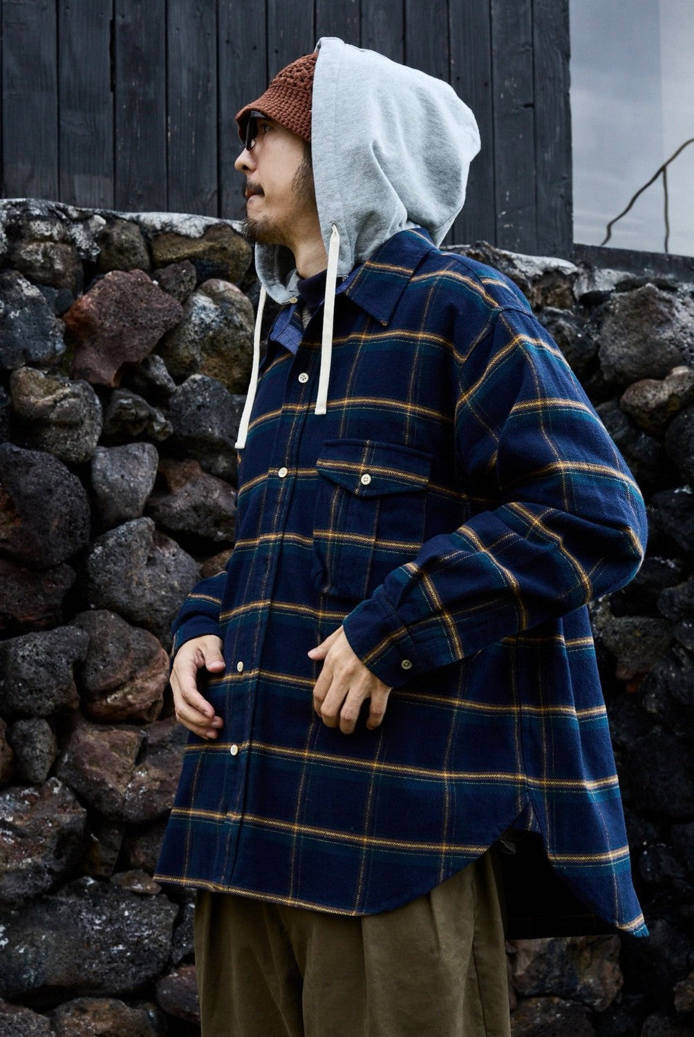USAGE Detachable Hood Cotton Plaid Shirt in Navy Blue - On Male Model