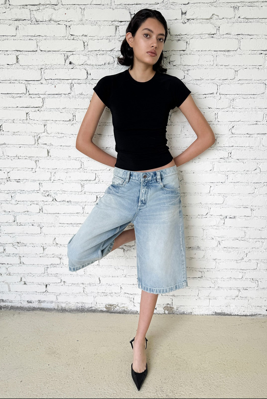 FaxCopyExpress Washed Gardener Denim Shorts in Blue - On Female Model