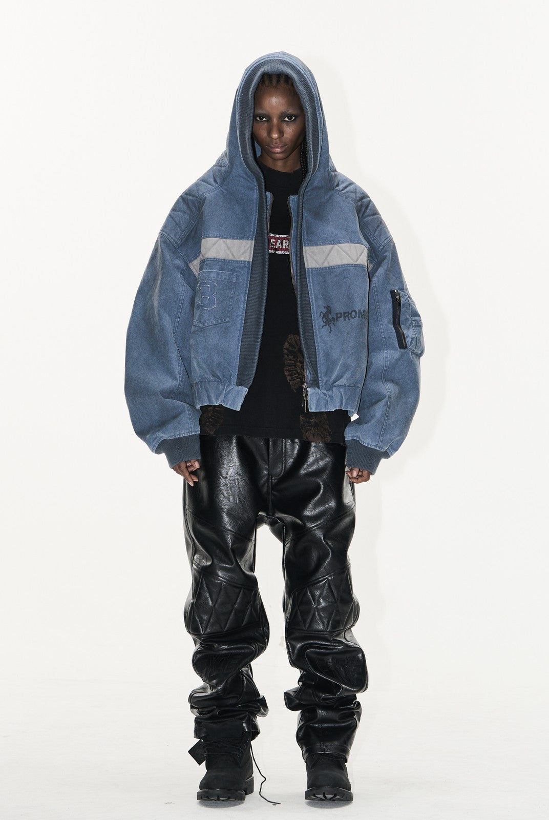BLINDNOPLAN Distressed Hooded MA 1 Bomber Jacket in Blue - On Female Model