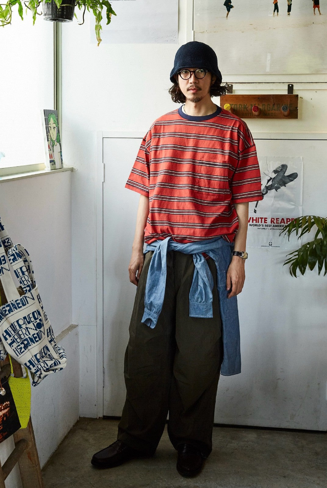 USAGE Retro Striped Cotton T Shirt in Red - On Male Model