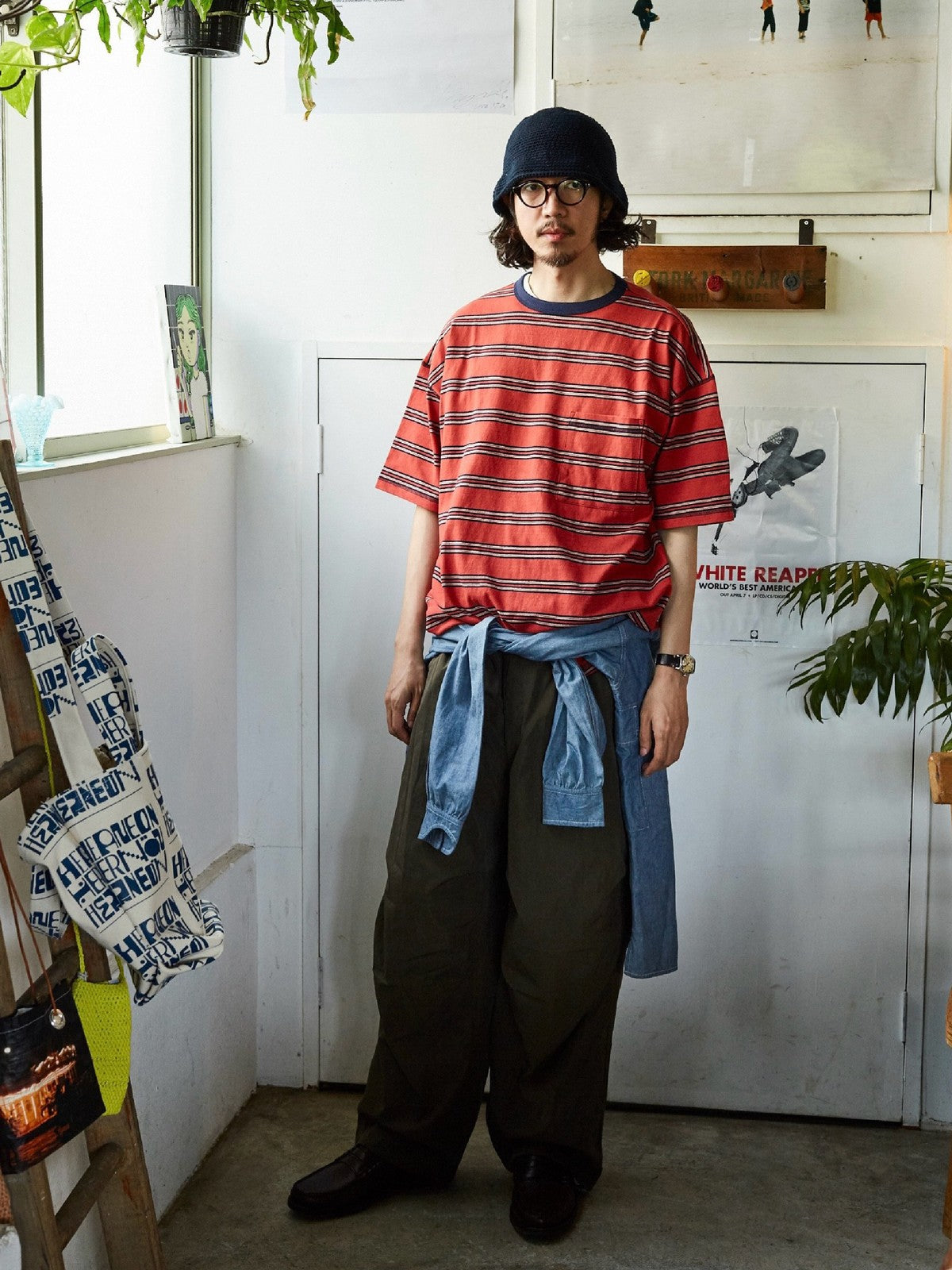 USAGE Retro Striped Cotton T Shirt in Red - On Male Model
