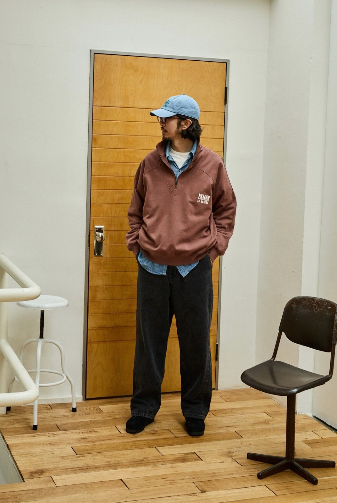 USAGE Heavyweight Cotton Half Zip Sweatshirt in Brown - On Male Model
